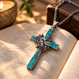 Faith Through Every Thorn – Turquoise Cross Necklace with Crown of Thorns | Christian Jewelry Gift