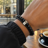 Dual Layer Braided Leather Cross Stainless Steel Men's Bracelet - Christian gift presentation