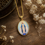 3D Raised Enamel Miraculous Virgin Mary Oval Gold Stainless Steel Necklace