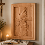 God's Redeeming Hand Beech Wood Carving Wall Decoration - size and finish detail