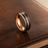 Two-Tone Brushed Titanium Steel Ring, Rose Gold & Black Grooved Wedding Band, 8mm Comfort Fit Mens Promise Ring