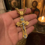 Gold-Plated Copper Crucifix Pendant with Jesus Christ and Religious Figures