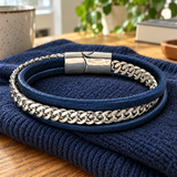 Navy Double-Wrap Bracelet with Silver-Tone Chain