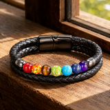 21cm Double Braided Leather 7 Chakra Natural Healing Stone Bracelet