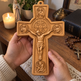 Hand-Carved Beechwood Saint Benedict Protection Crucifix – Christian Wall Cross