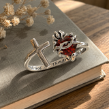 Sacred Heart of Jesus Thorn Flame Cross Adjustable Open Ring