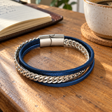 Navy Double-Wrap Bracelet with Silver-Tone Chain