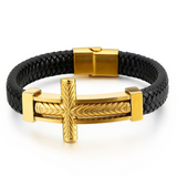 Wheat‑Textured Cross Titanium Steel Braided Leather Men’s Bracelet