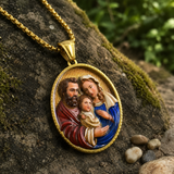 3D Raised Enamel Holy Family Oval Gold Stainless Steel Necklace