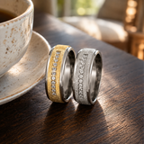 8mm Spinning Titanium Steel Men's Ring, Sand Blast Two-Tone Inlaid Cubic Zirconia Band, Stress Relief Rotatable Wedding Promise Ring for Men