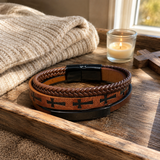 Multi‑Layer Braided Cross Printed Men Leather Bracelet, Vintage PU Leather Magnetic Clasp Religious Wrist Jewelry