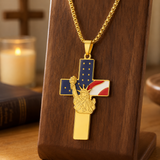 Statue of Liberty & American Flag Cross Pendant Necklace