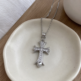 Full Inlaid CZ Gothic Fleur-de-lis Cross Stainless Steel Necklace
