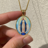 3D Raised Enamel Miraculous Virgin Mary Oval Gold Stainless Steel Necklace