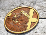 Jesus Crown of Thorns Jesus Inlaid Sacred Heart Crucifix Wooden Sculpture - BGCOPPER