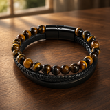 Triple Strand Natural Tiger Eye & Lava Rock Braided Leather Men’s Bracelet