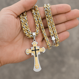 Heavy‑Duty Gothic CZ Inlay Cross Byzantine Chain Pendant Necklace