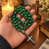 Green Malachite-Style Bead Christian Cross Prayer Rosary Necklac