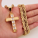 Regal Byzantine Chain Baguette Zircon Cross Pendant Necklace