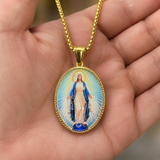 3D Raised Enamel Miraculous Virgin Mary Oval Gold Stainless Steel Necklace