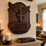 God Bless America Wooden Wall Plaque – Hand-Carved Beechwood Eagle Cross Decor, 1776–2026 250th Anniversary