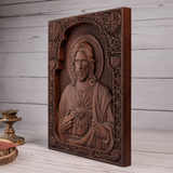 Our Lord Jesus Sacred Heart Wood Carving - Christian Catholic Personalized Carving Gift