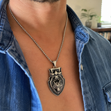 Vintage Shield Wolf & Eagle Stainless Steel Necklace, 3D Embossed Totem Pendant Box Chain for Men
