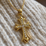 Full Inlaid CZ Gothic Fleur-de-lis Cross Stainless Steel Necklace