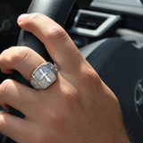Triple Sides Embossed Cross Hammered Texture Stainless Steel Men’s Signet Ring