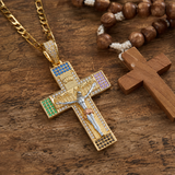 Multicolor Zircon Jesus Crucifix Gold‑Tone Stainless Steel Necklace