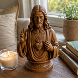 Hand-Carved Cypress Wood Sacred Heart of Jesus Statue – Christian Prayer & Home Devotional Decor