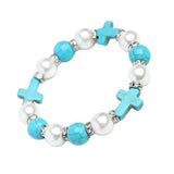 Crucifix Bracelet Turquoise Sparkling Diamonds Pearls Single Loop Bracelet - BGCOPPER