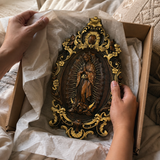 Religious gift with rich details of the wooden statue of Our Lady of Guadalupe