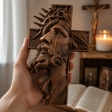 Jesus Crown of Thorns Beechwood Cross - design detail