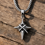 Vintage North Star Men Stainless Steel Necklace, Wrapped Cross Black CZ 4‑Point Star Pendant With Box Chain