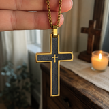 Two-Tone Bevel Edge Carbon Fiber Textured Inlaid Tiny Cross Stainless Steel Necklace