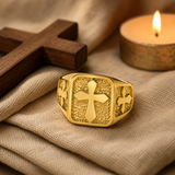 Triple Sides Embossed Cross Hammered Texture Stainless Steel Men’s Signet Ring