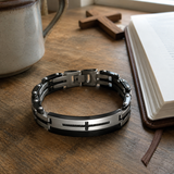 Two-Tone Black Silver Inlaid Black Crystal Cross Heavy Stainless Steel Link Bracelet