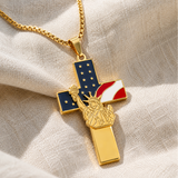 Statue of Liberty & American Flag Cross Pendant Necklace