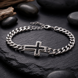 Men’s Carbon Fiber Inlay Cross Curb Chain Bracelet, 316L Stainless Steel Adjustable Religious Faith Bracelet, Silver & Gold Tone Christian Gift for Him