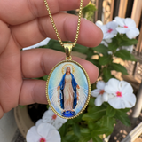 3D Raised Enamel Miraculous Virgin Mary Oval Gold Stainless Steel Necklace