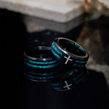 Black Polished Blue Opal Inlay Laser Engraved Cross Stainless Steel Ring