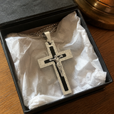 Vintage Greek Key Border Two Tone 3D Crucifix Stainless Steel Necklace