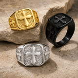 Triple Sides Embossed Cross Hammered Texture Stainless Steel Men’s Signet Ring
