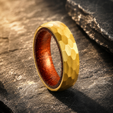 Hammered Titanium Steel Ring with Natural Wood Inner Liner, 6mm Vintage Domed Band, Rustic Wooden Inlay Wedding Promise Ring for Men & Women