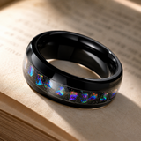 Black Tungsten Ring with Crushed Opal Inlay, 8mm Galaxy Star Dome Band, Meteorite Texture Wedding Band, Unique Promise Ring Gift for Men & Women