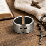 Vintage Antiqued Open-Band Cross Cutout Stainless Steel Ring