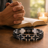 Double Layer Interlocking Textured Cross Two-Tone Stainless Steel Men’s Bracelet - design detail