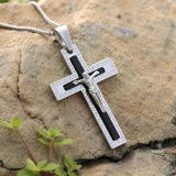 Vintage Greek Key Border Two Tone 3D Crucifix Stainless Steel Necklace