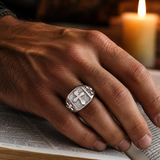 Triple Sides Embossed Cross Hammered Texture Stainless Steel Men’s Signet Ring